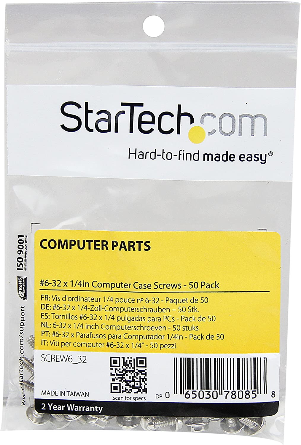 StarTech.com Replacement PC Mounting Screws #6-32 x 1/4in Long Standoff - Screw kit - silver - 0.2 in (pack of 50) - SCREW6_32