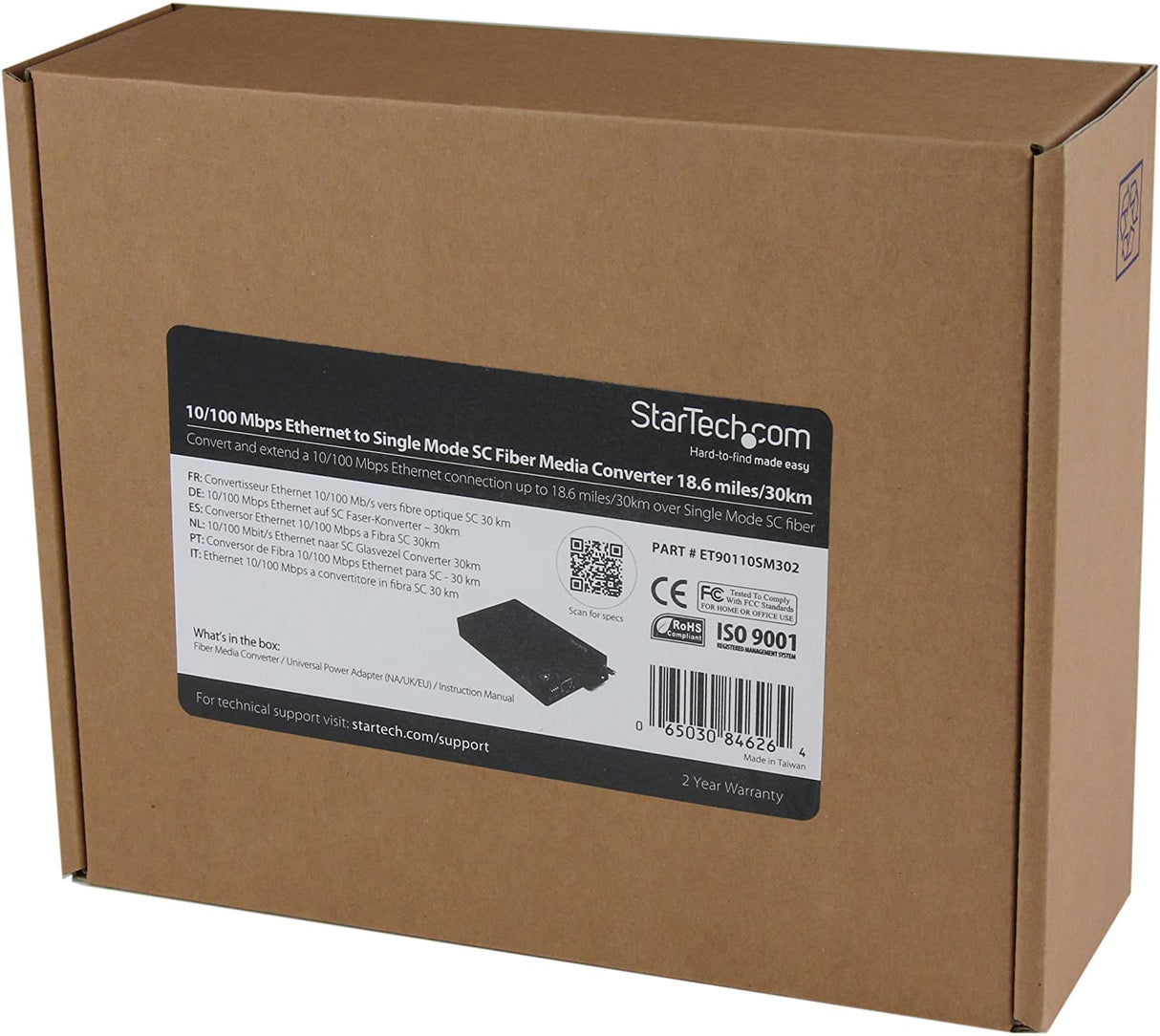 StarTech.com 10/100 Mbps Single Mode Fiber Media Converter SC - 18.6 miles/30km Over Single Mode SC Fiber (ET90110SM302) 30km | 10/100 Mbps Chassis Mount