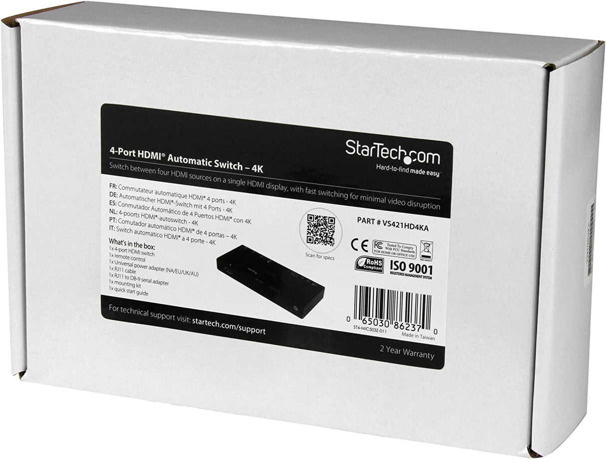 StarTech.com 4 Port HDMI Switch - 4K with Fast Switching, Auto-Sensing & Serial Control – Automatic 4x1 HDMI Video Switcher Box (VS421HD4KA), Black
