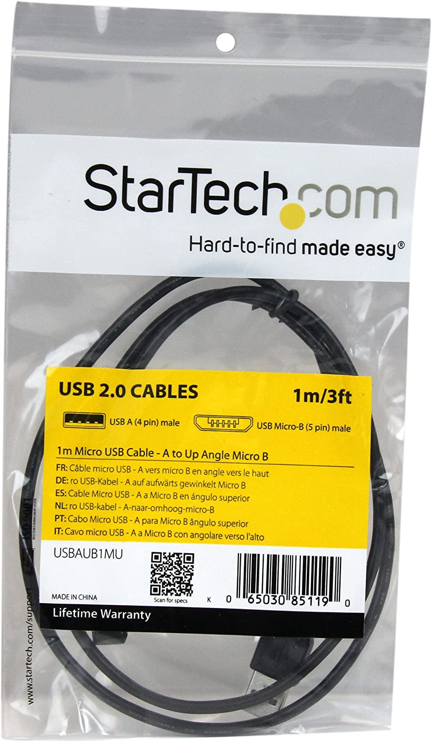 StarTech.com 1m Micro USB Cable Cord - A to Up Angle Micro B - Up Angled Micro USB Cable - 1x USB A (M), 1x USB Micro B (M) - Black (USBAUB1MU) 1m / 3 feet Up Angle