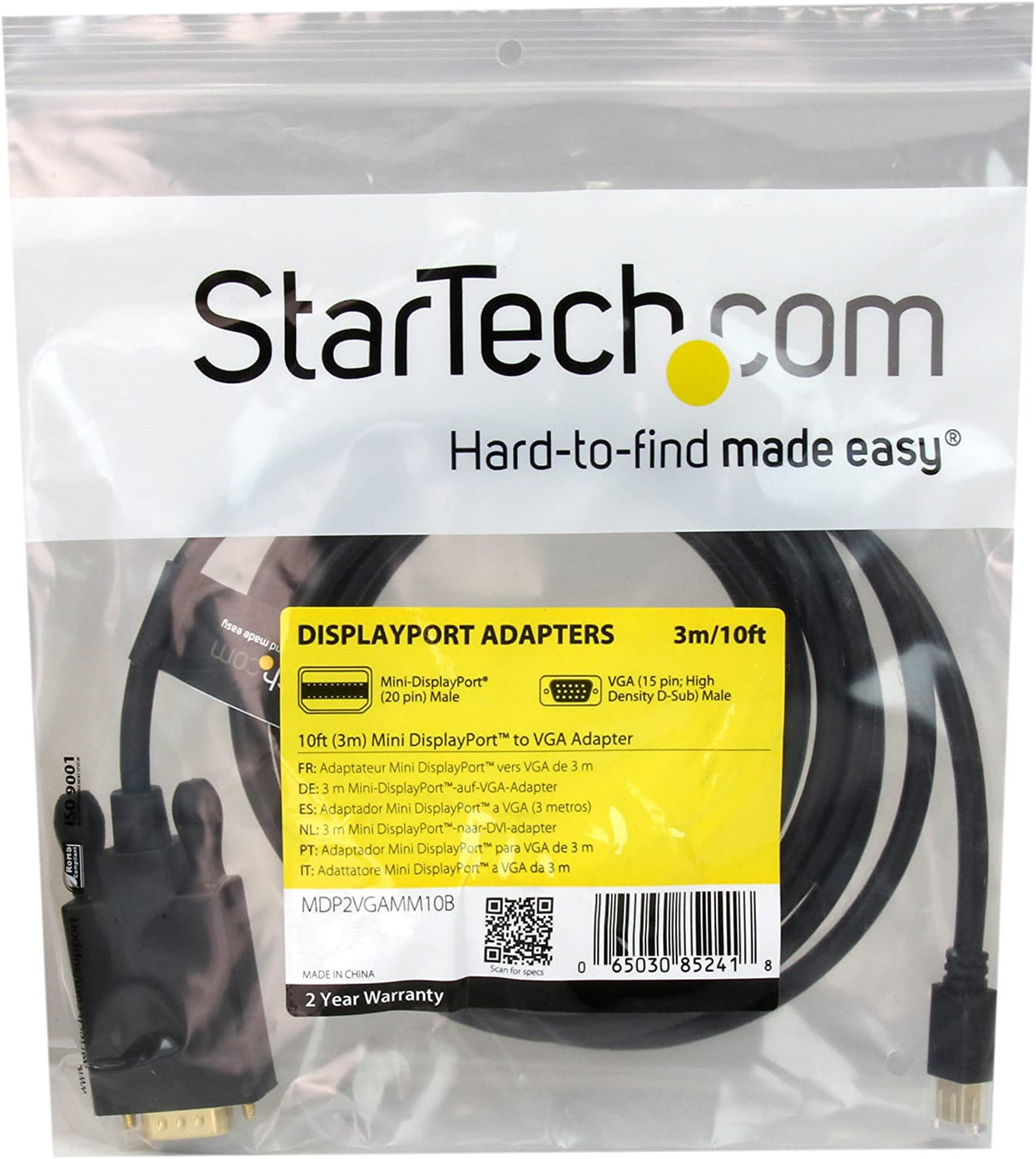 StarTech.com 10 ft Mini DisplayPort to VGA Adapter Cable - mDP to VGA Video Converter - Mini DP to VGA Cable for Mac/PC 1920x1200 - Black (MDP2VGAMM10B)