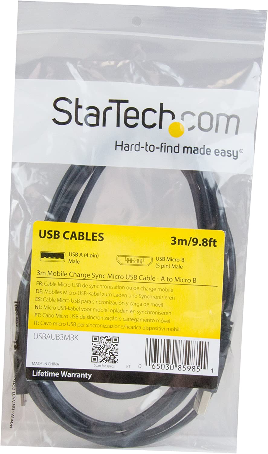 StarTech.com 3m 10 ft Long Micro-USB Charge-and-Sync Cable -M/M - USB to Micro USB Charging Cable - 24 AWG (USBAUB3MBK) Black