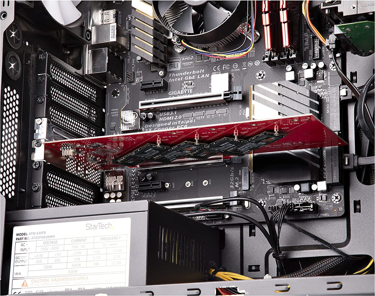 StarTech.com Quad M.2 PCIe Adapter Card, PCIe x16 to Quad NVMe or AHCI M.2 SSDs, PCI Express 4.0, 7.8GBps/Drive, Bifurcation Required, Windows/Linux Compatible (QUAD-M2-PCIE-CARD-B)