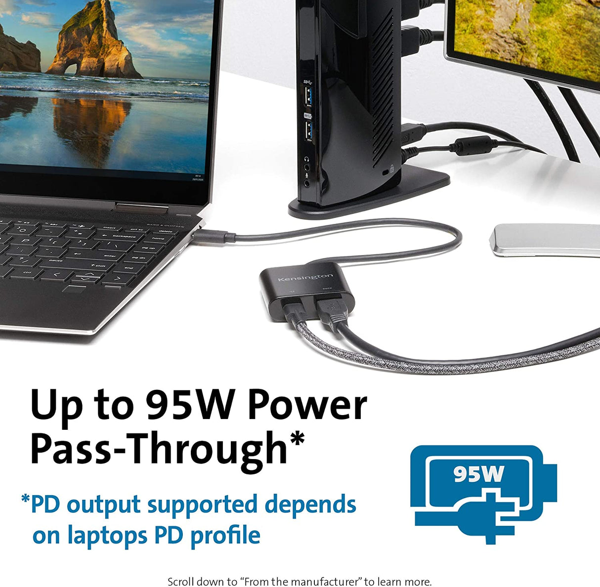 Kensington PD1000 USB-C 95W Power Delivery Dongle for USB 3.0 (Type A) Docking Stations (K39100WW)