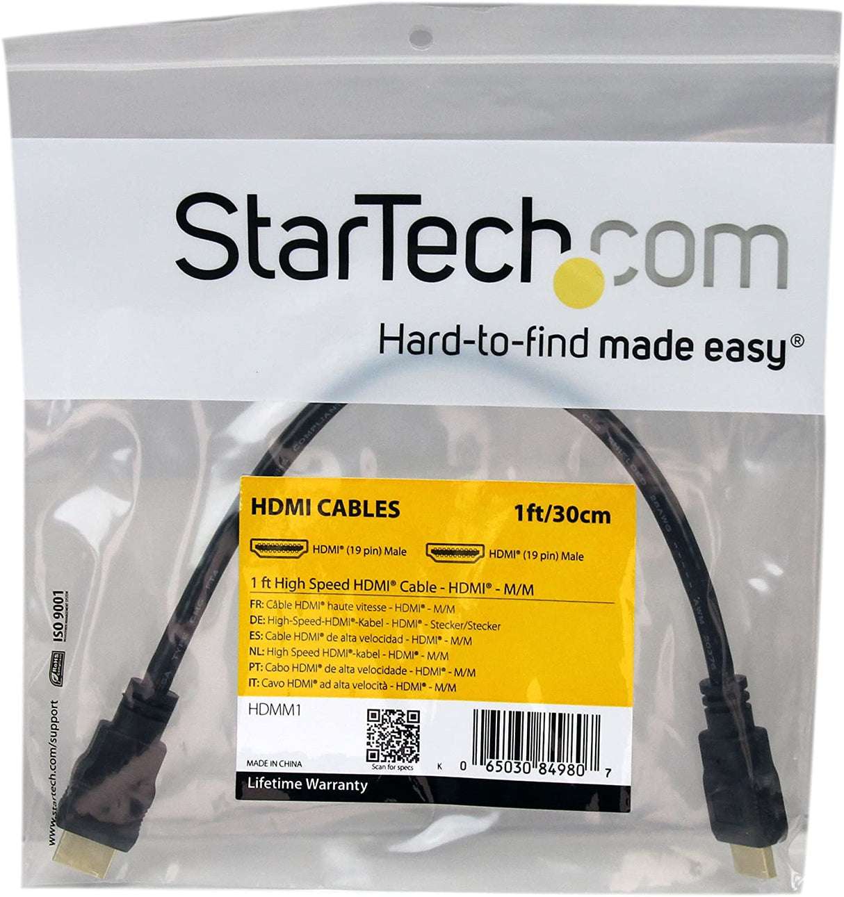 StarTech.com 1 ft High Speed HDMI Cable – Ultra HD 4k x 2k HDMI Cable – HDMI to HDMI M/M - 1ft HDMI 1.4 Cable - Audio/Video Gold-Plated (HDMM1) Black 1 ft / 30cm
