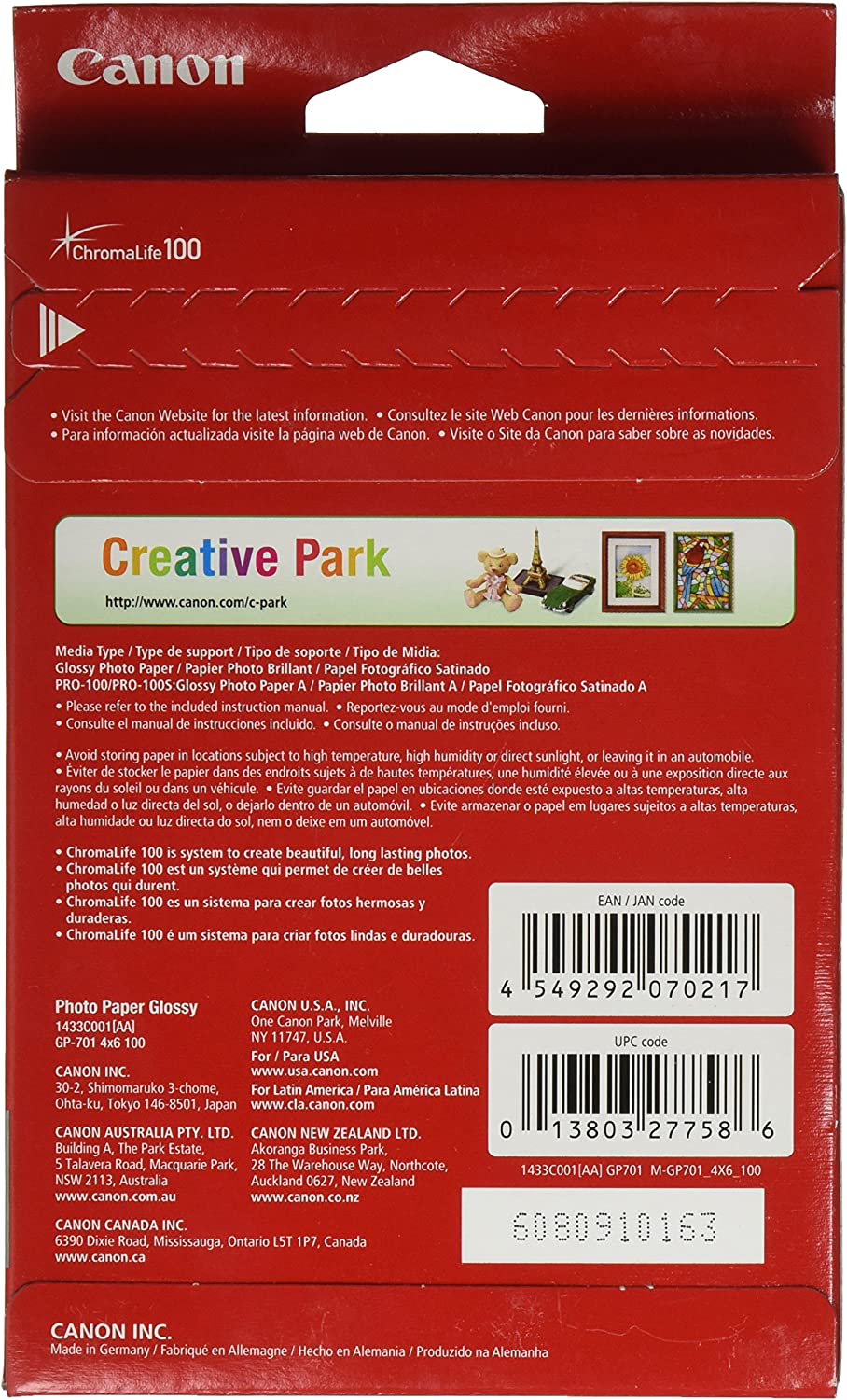 CanonInk Glossy Photo Paper 4"x 6" 100 Sheets (1433C001)