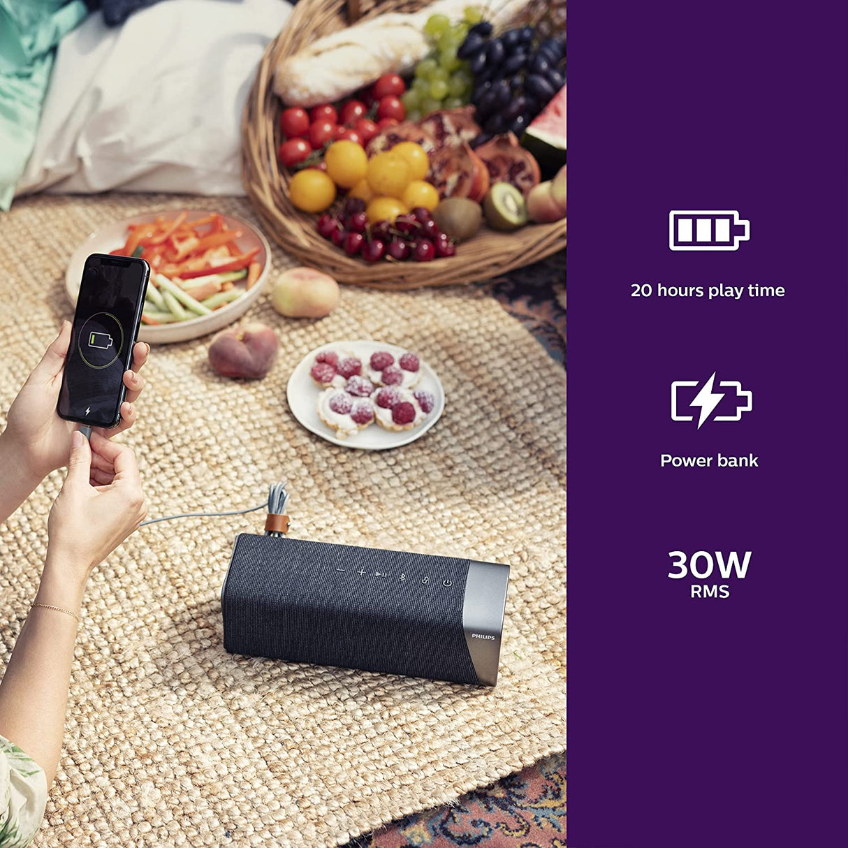 Philips S7505 Wireless Bluetooth Speaker with Built-in Power-Bank, Large Bold Sound, Up to 20 Hours Playtime, IPX7 Waterproof, Shower Ready, Large Size, TAS7505