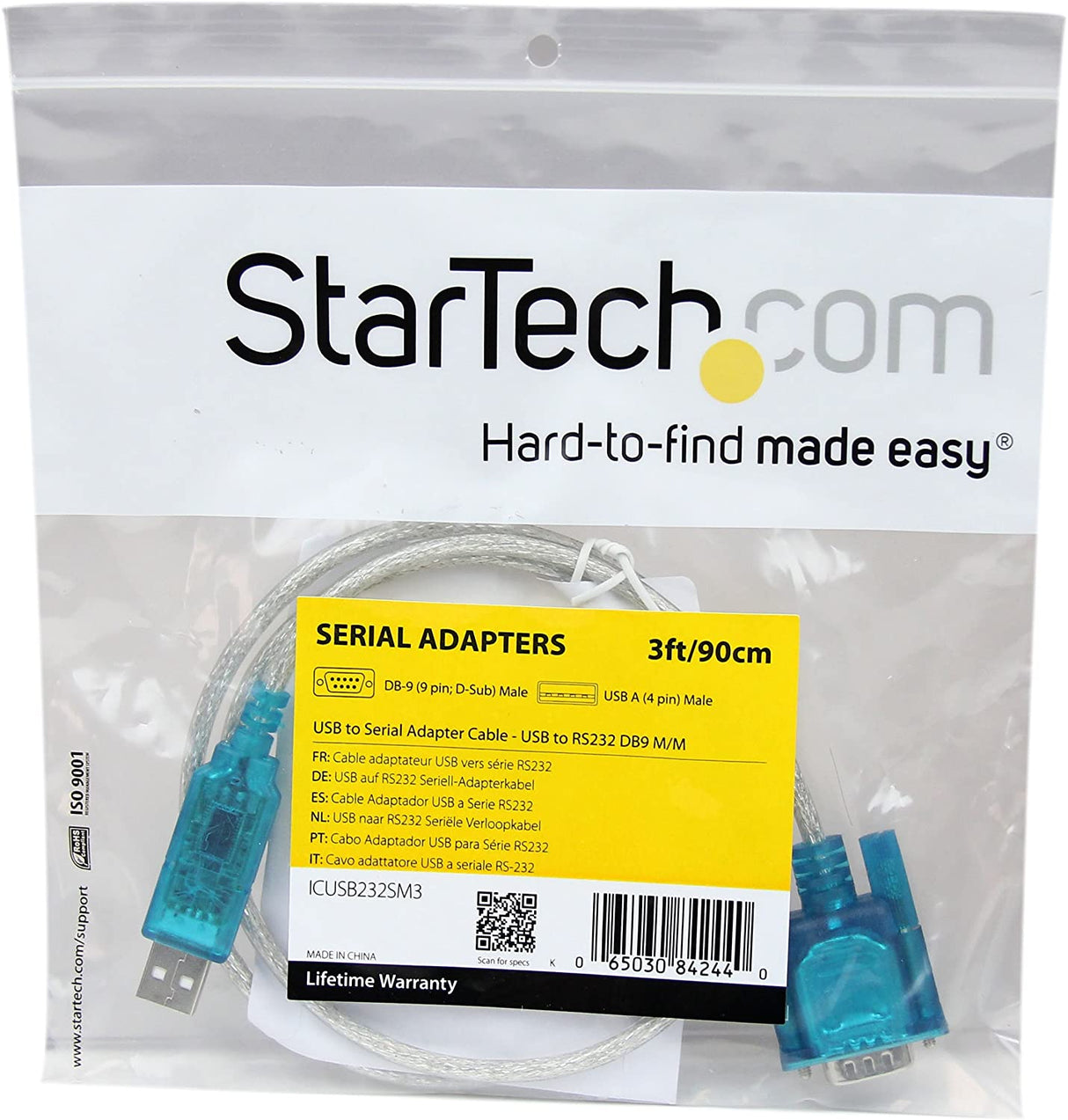 StarTech.com 3ft USB to RS232 DB9 Serial Adapter Cable - Up to 1 Mbps USB to Serial Converter - M/M USB to VGA Adapter (ICUSB232SM3) , Black