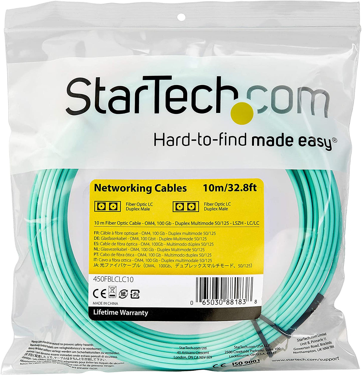 StarTech.com 10 m OM4 LC to LC Multimode Duplex Fiber Optic Patch Cable- Aqua - 50/125 - Fiber Optic Cable - 40/100Gb - LSZH (450FBLCLC10) 10m