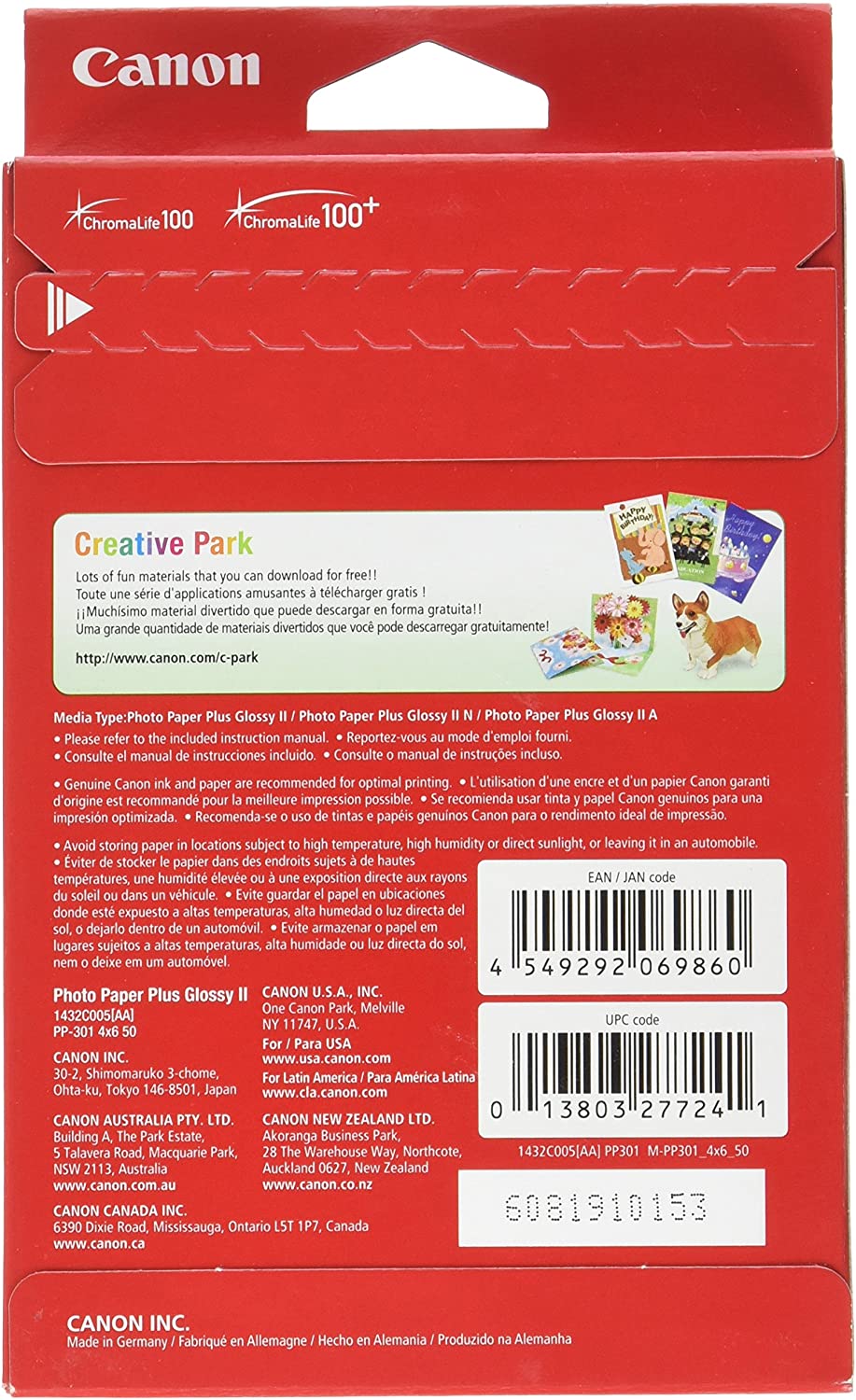 Canon Glossy Photo Paper Plus II, 4"x6"(50 Sheets) 4'x6' (50 Sheets) Single