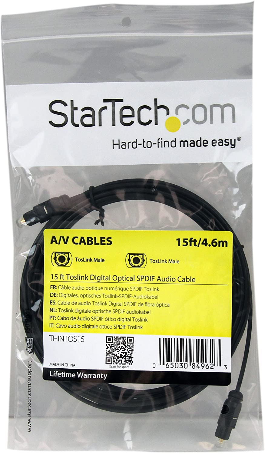 StarTech.com 15 ft Thin Toslink Digital Optical SPDIF Audio Cable - 15ft / 15 Feet Optical Audio Cable (THINTOS15),Black