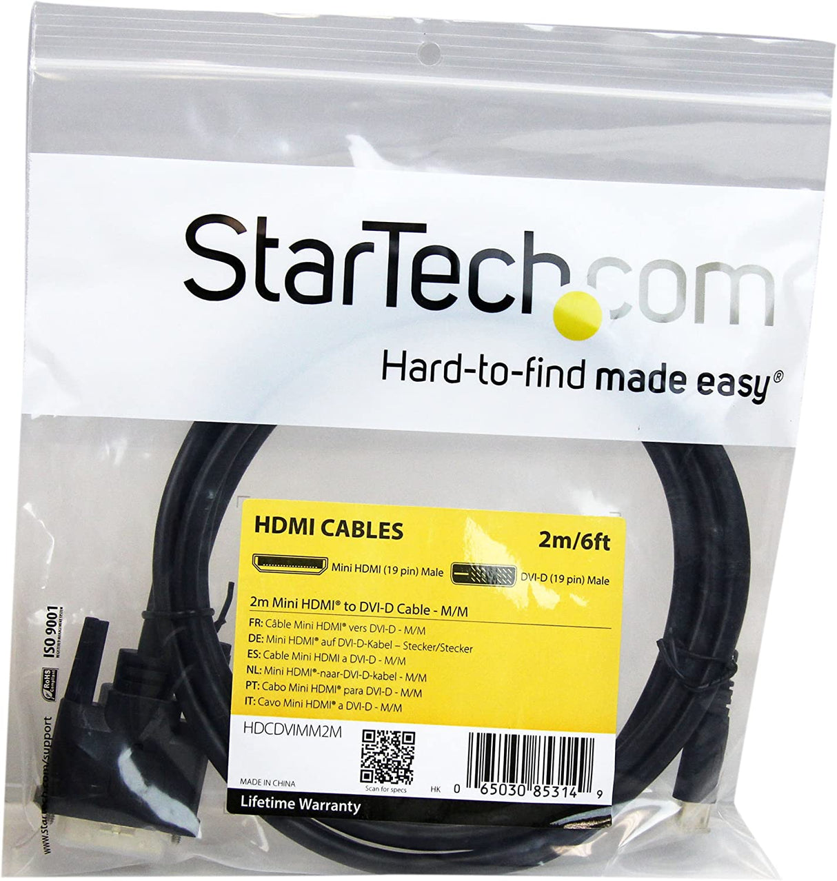 StarTech.com 2m Mini HDMI to DVI-D Cable - M/M - 2 meter Mini HDMI to DVI Cable - 19 pin HDMI (C) Male to DVI-D Male - 1920x1200 Video (HDCDVIMM2M),Black,6 ft / 2m 6 ft / 2m Mini HDMI to DVI