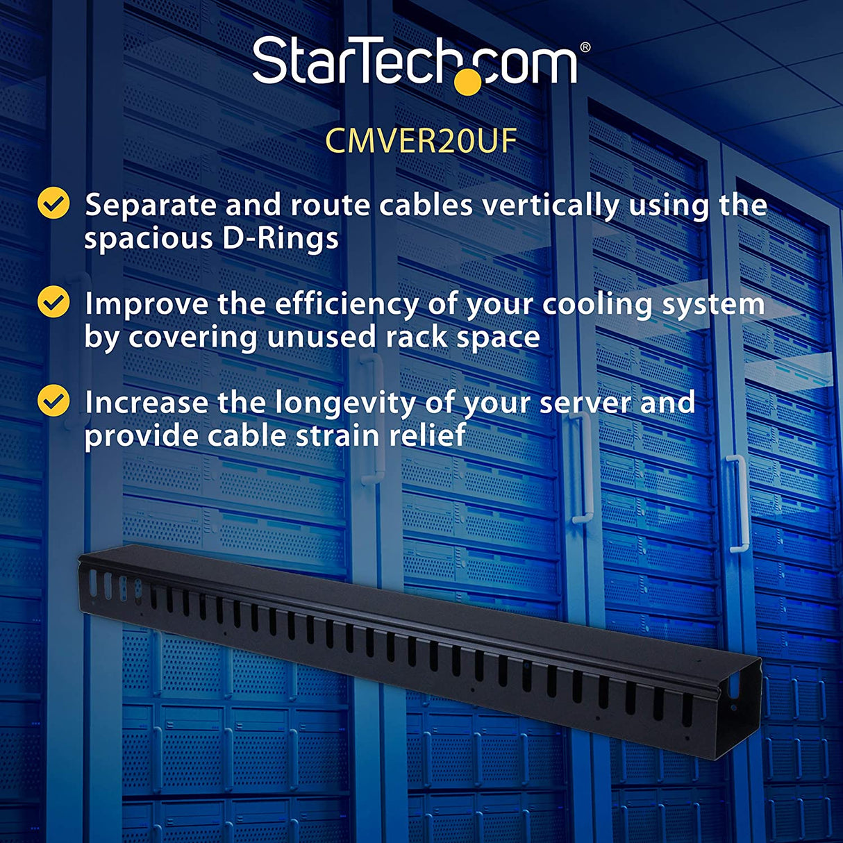 StarTech.com 3ft (1m) Vertical Cable Management Duct with Cover - 0U Open Slot Finger Duct Wire Raceway for 19 Inch Server Rack - Slotted Cord Channel (CMVER20UF)