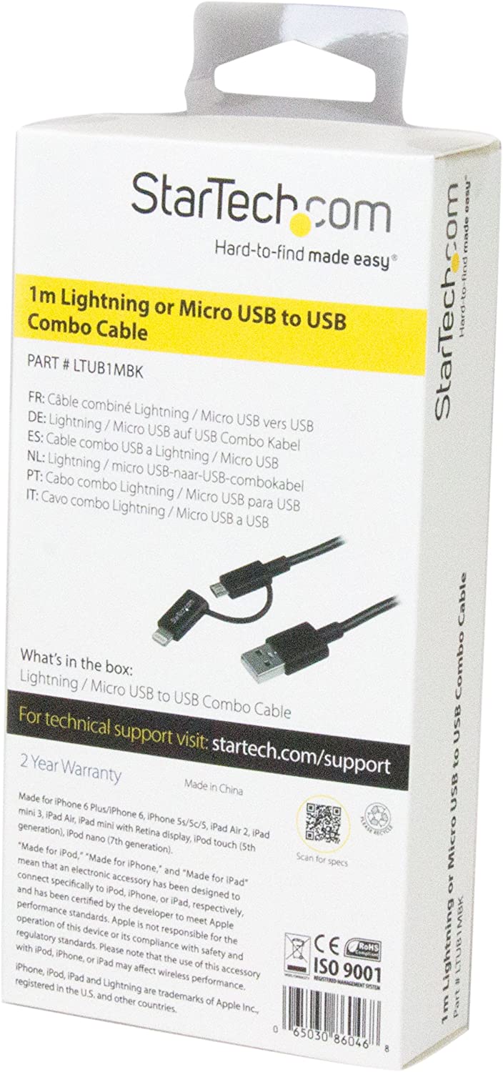 StarTech.com 1m (3 ft) Black Apple 8-pin Lightning Connector or Micro USB to USB Combo Cable for iPhone iPod iPad - Charge and Sync Cable (LTUB1MBK)