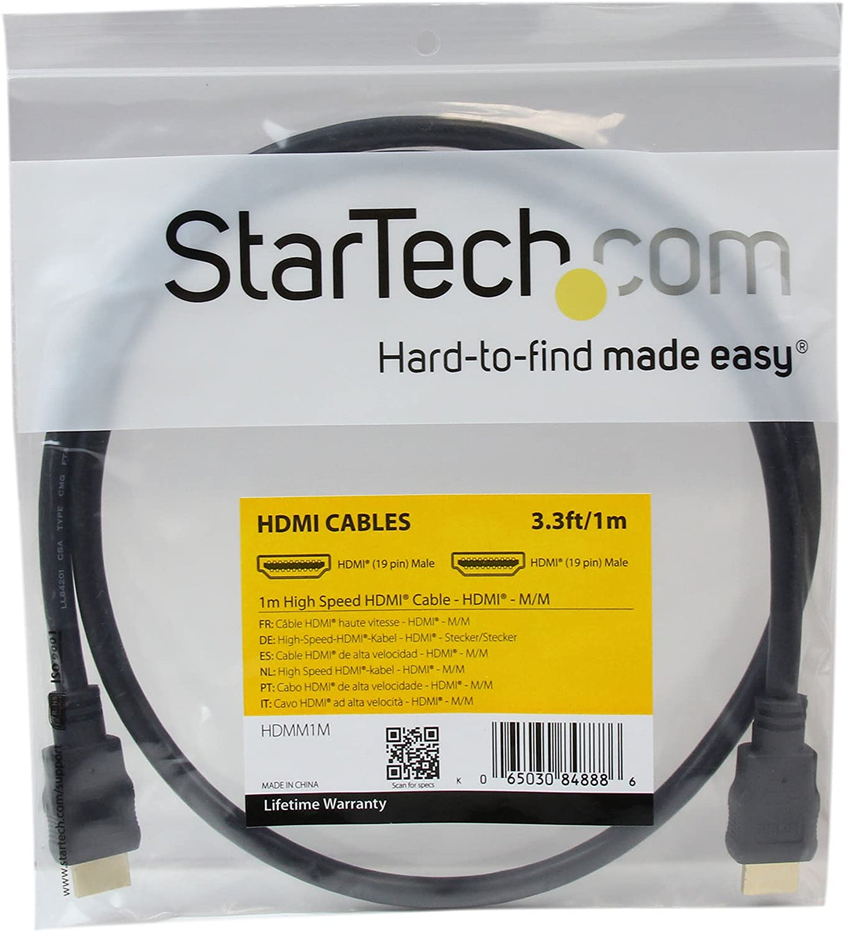 StarTech.com 1m (3ft) HDMI Cable - 4K High Speed HDMI Cable with Ethernet - UHD 4K 30Hz Video - HDMI 1.4 Cable - Ultra HD HDMI Monitors, Projectors, TVs & Displays - Black HDMI Cord - M/M (HDMM1M) 1 meter