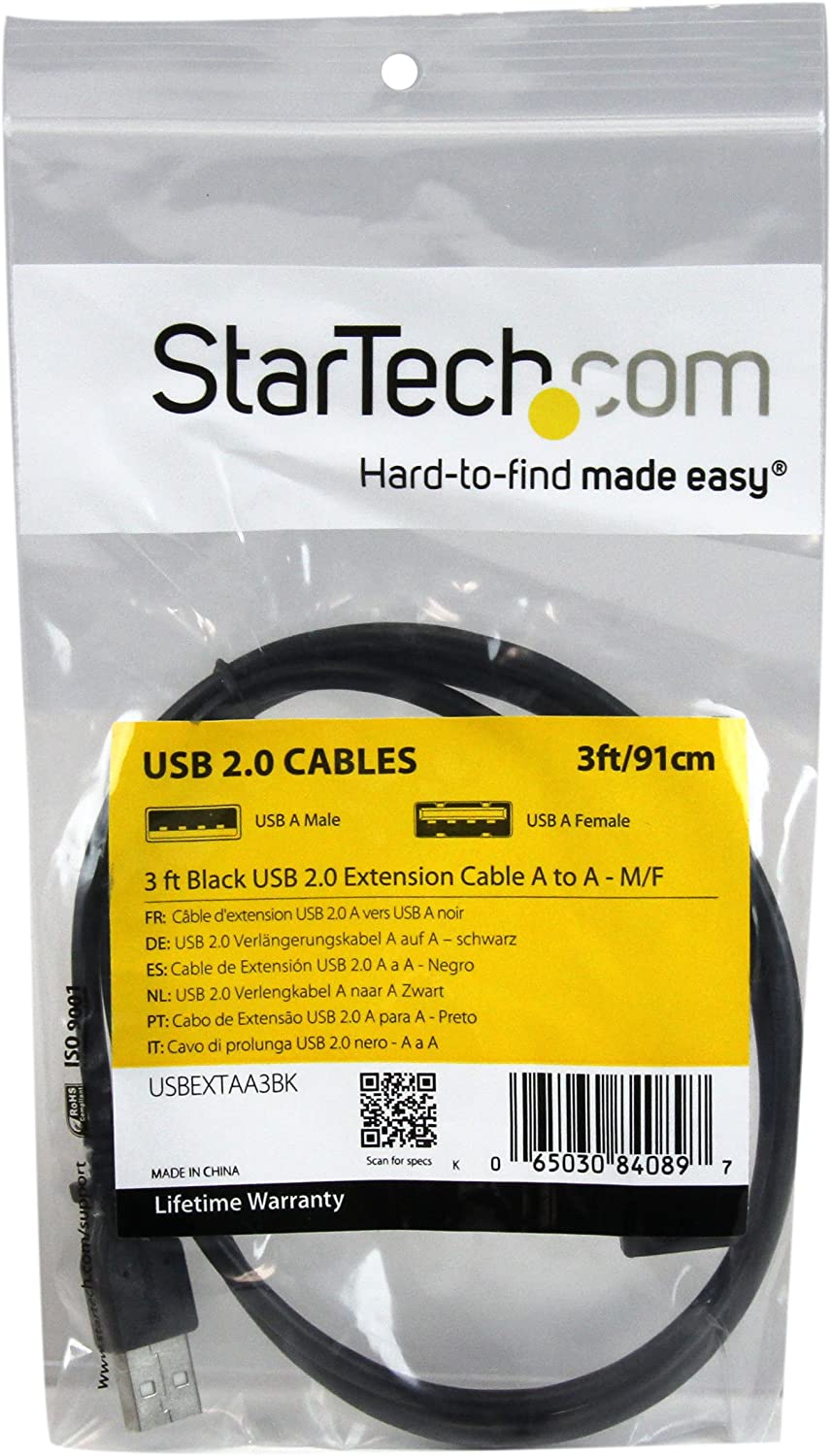 StarTech.com 3 ft Black USB 2.0 Extension Cable A to A - M/F - 3 ft USB A to A Extension Cable - 3ft USB 2.0 Extension cord (USBEXTAA3BK) Black 3ft