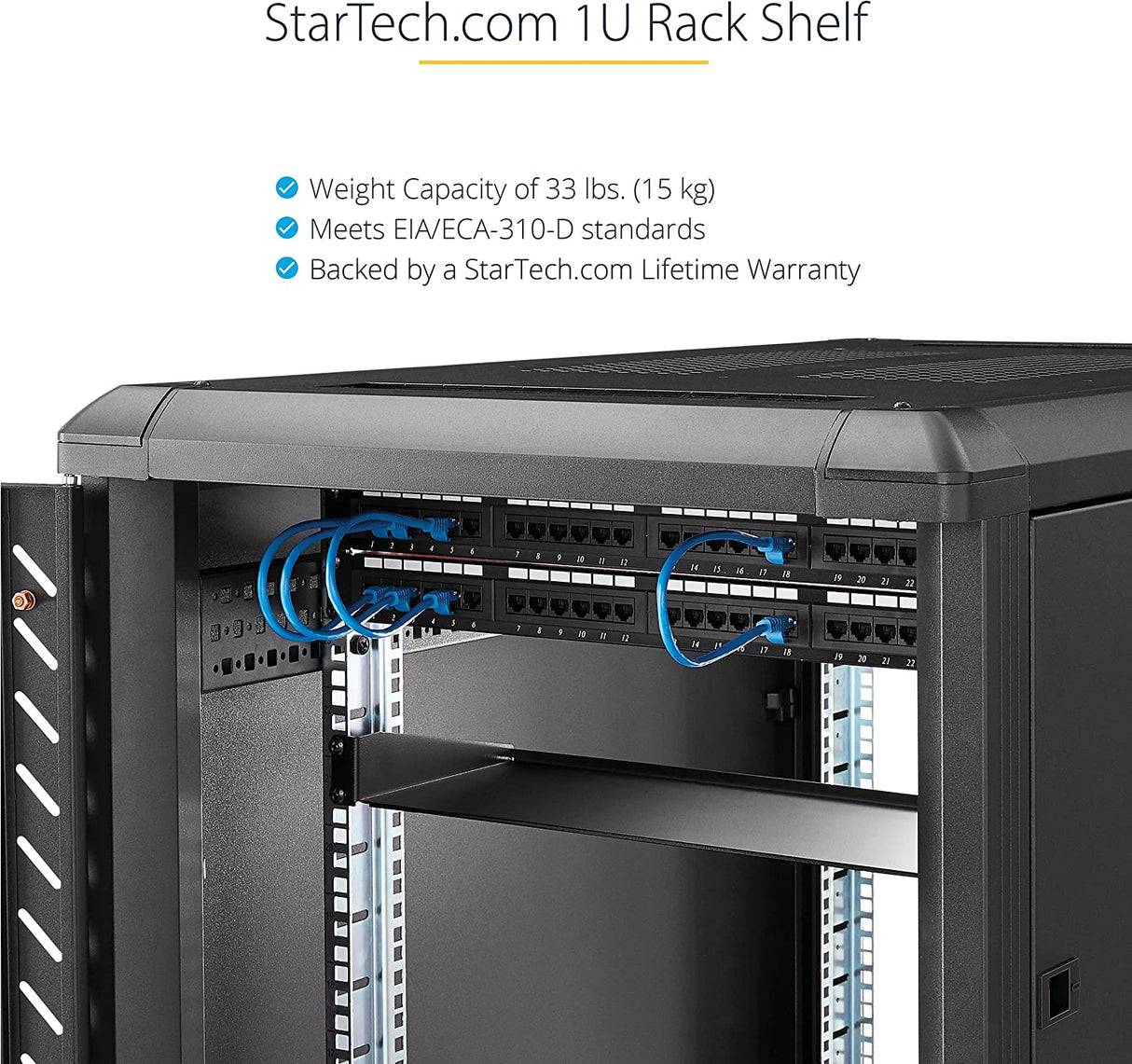 StarTech.com 1U Server Rack Shelf - Universal Rack Mount Cantilever Shelf for 19" Network Equipment Rack & Cabinet - Heavy Duty Steel – Weight Capacity 33lb/15kg - 7" Deep Tray, Black (CABSHELF1U) 7" Depth 1U Rack Shelf