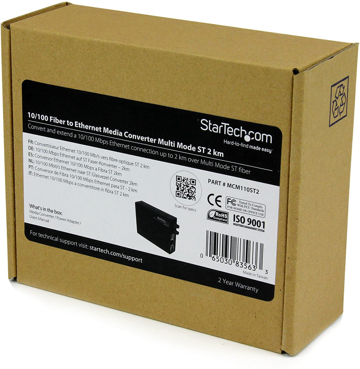 StarTech.com 10/100 Mbps Ethernet to Fiber Optic Media Converter - ST Multimode - 1310nm - 2km - Full/Half Duplex (MCM110ST2) Black