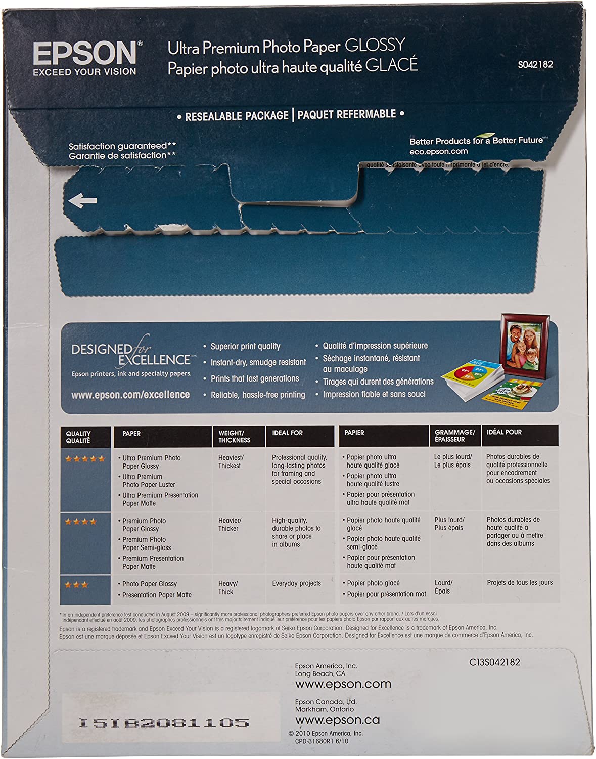 Epson Ultra Premium Photo Paper Glossy, Letter, 8.5 x 11, 25 Sheets (S042182), White