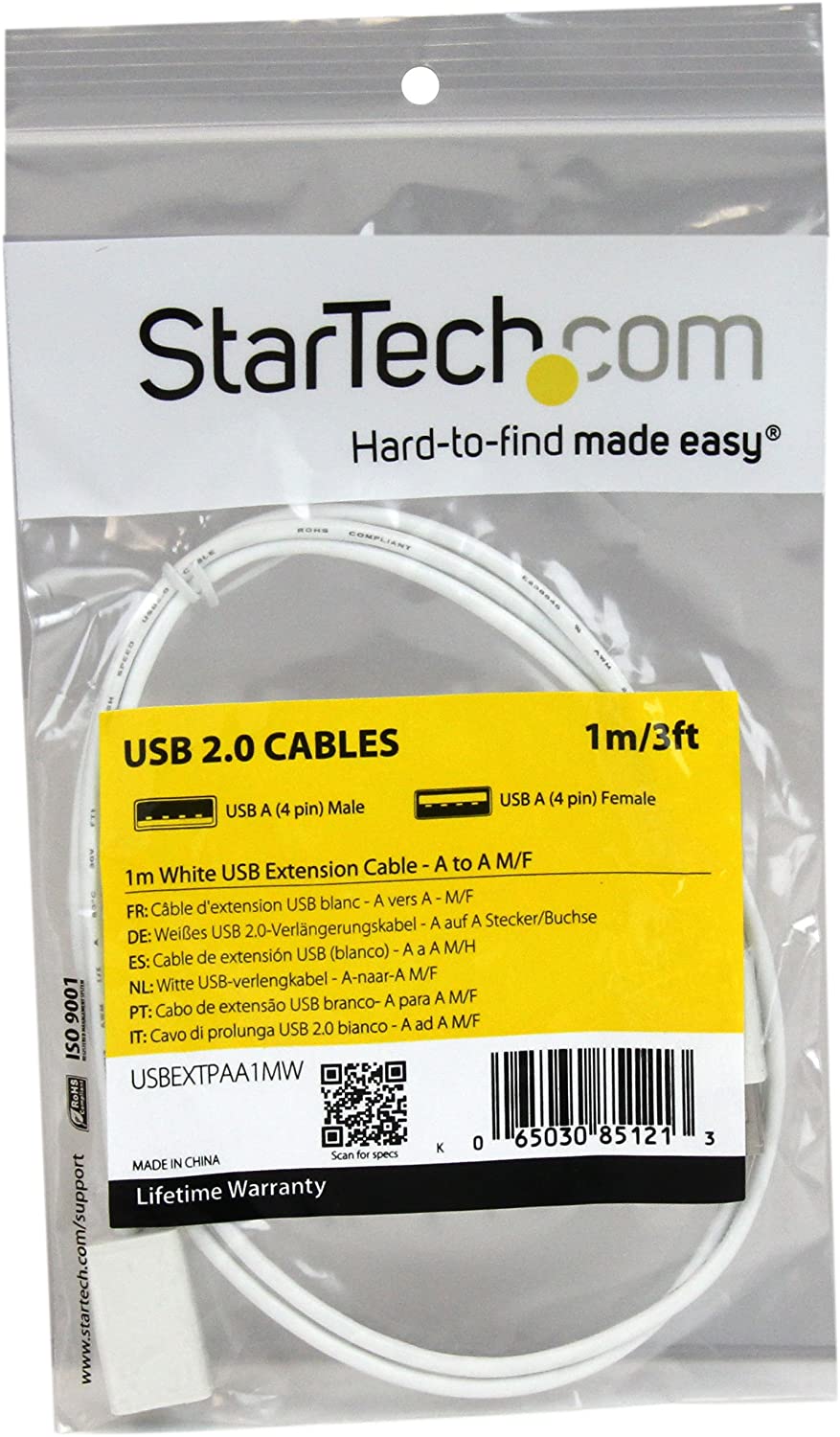 StarTech.com 1m White USB 2.0 Extension Cable Cord - A to A - USB Male to Female Cable - 1x USB A (M), 1x USB A (F) - White, 1 Meter (USBEXTPAA1MW) White 3ft