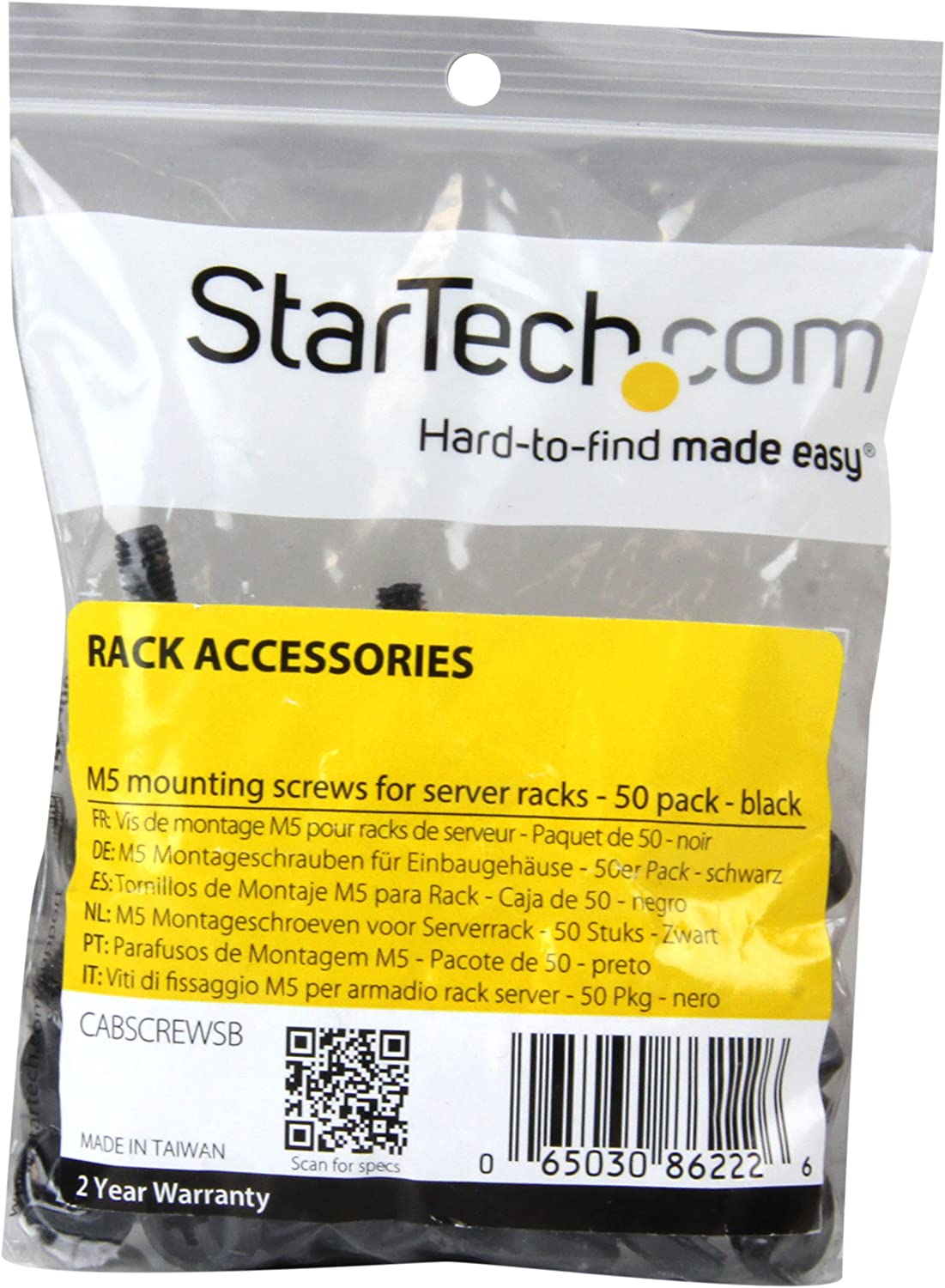StarTech.com M5 x 12mm - Screws - 50 Pack, Black - M5 Mounting Screws for Server Rack & Cabinet (CABSCREWSB) 50x M5 Black Mounting Screws