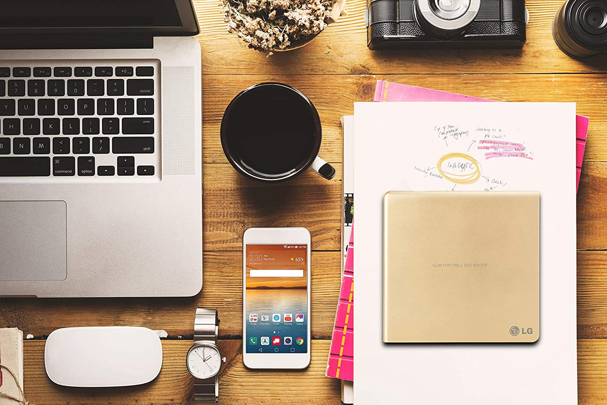 LG Electronics 8X USB 2.0 Super Multi Ultra Slim Portable DVD+/-RW External Drive with M-DISC Support, Retail (Gold) GP65NG60 Gold Drive