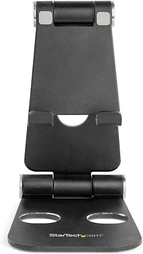 StarTech.com Phone and Tablet Stand - Foldable Universal Mobile Device Holder for Smartphones & Tablets - Adjustable Multi-Angle Ergonomic Cell Phone Stand for Desk - Portable - Black (USPTLSTNDB)