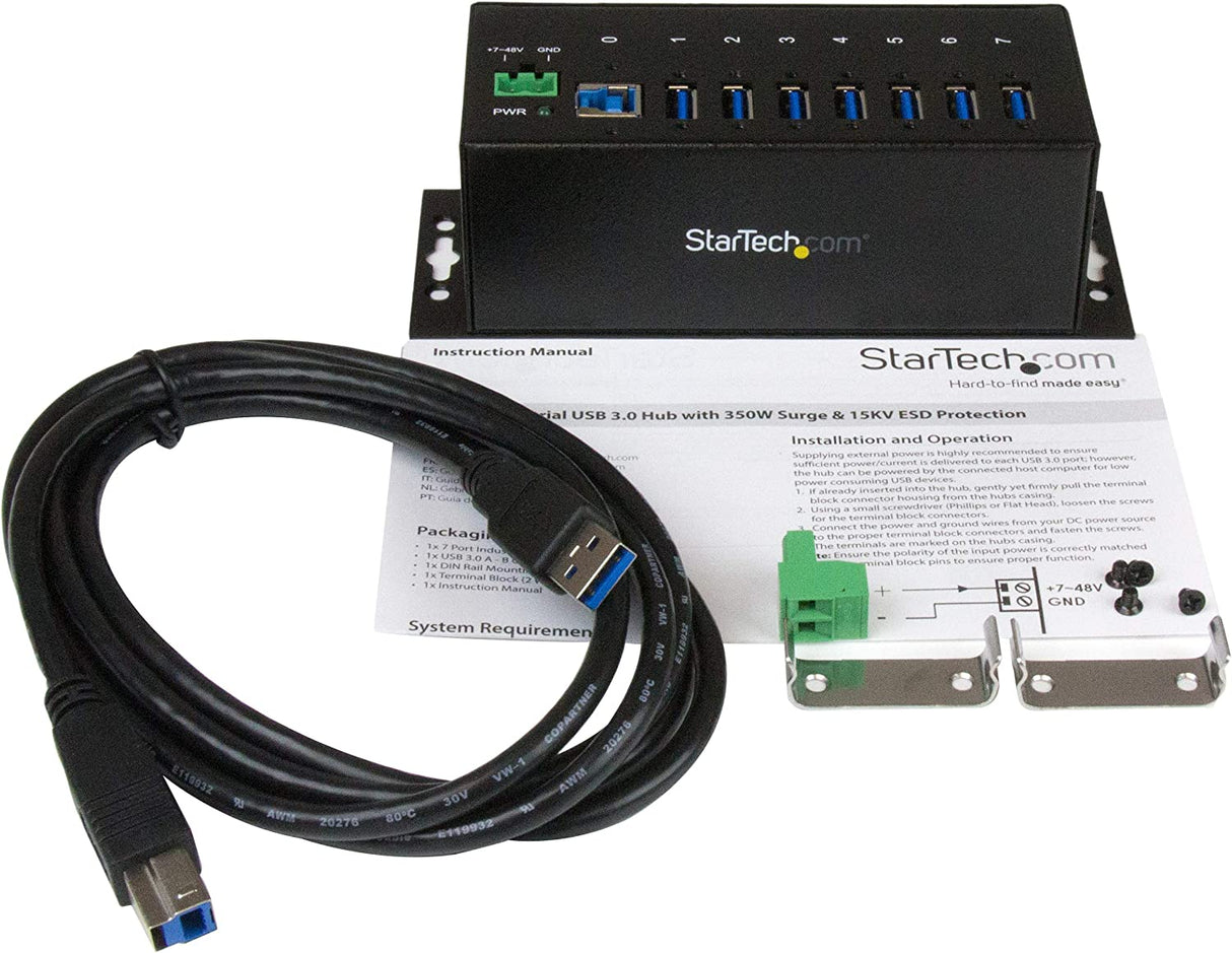 StarTech.com 7-Port USB 3.0 Hub - Metal Industrial USB-A Hub with ESD Protection & 350W Surge Protection - Din Rail, Wall or Desk Mountable - TAA Compliant USB Expander Hub (ST7300USBME) 7 Port USB 3.0
