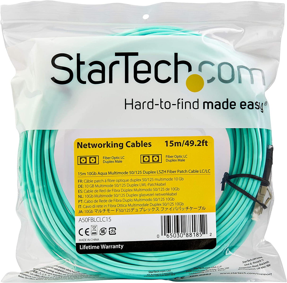 StarTech.com 15m OM3 LC to LC Multimode Duplex Fiber Optic Patch Cable - Aqua - 50/125 - LSZH Fiber Optic Cable - 10Gb (A50FBLCLC15)