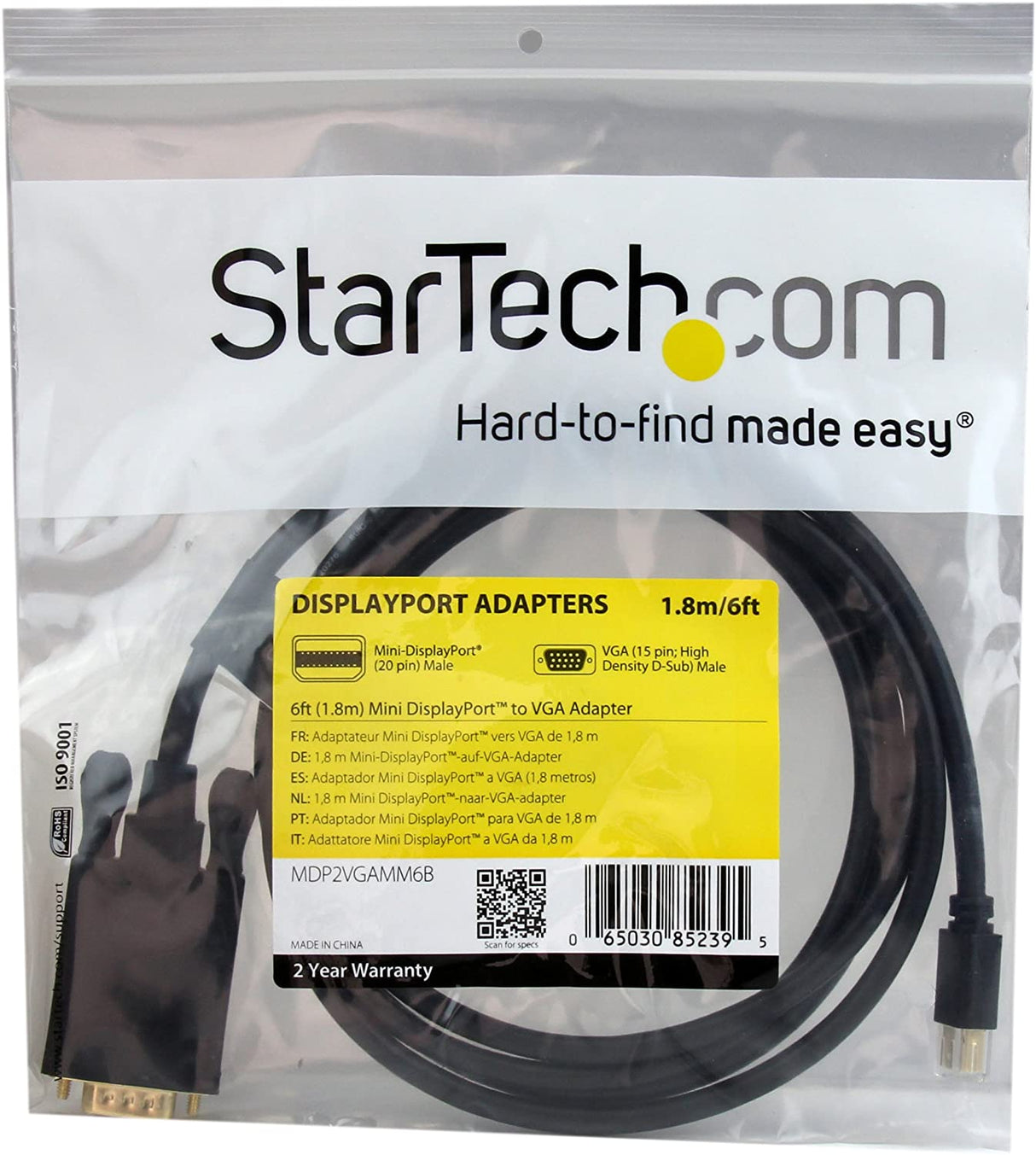 StarTech.com 6ft Mini DisplayPort to VGA Cable - Active - 1920x1200 - mDP to VGA Adapter Cable for Your Computer Monitor (MDP2VGAMM6B) Black 6 ft