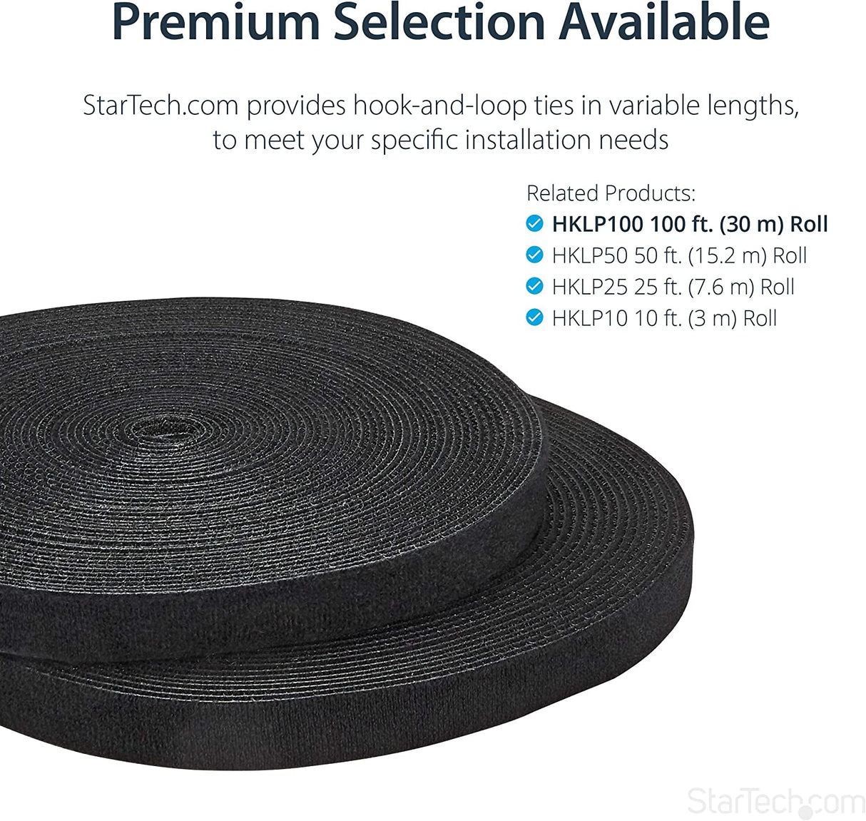 StarTech.com 100ft. Hook and Loop Roll - Cut-to-Size Reusable Cable Ties - Bulk Industrial Wire Fastener Tape - Adjustable Fabric Wraps - Black (HKLP100) 100 ft Black