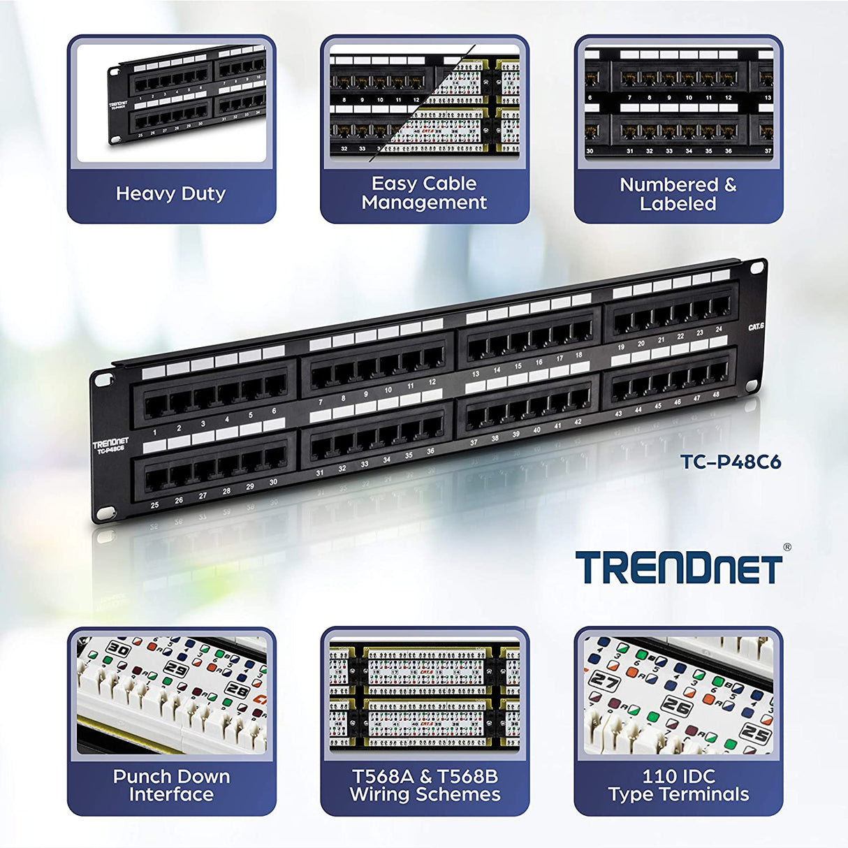 TRENDnet 48-Port Cat6 Unshielded Patch Panel, Wallmount or Rackmount, Compatible with Cat3,4,5,5e,6 Cabling, for Ethernet, Fast Ethernet, Gigabit Applications, Black, TC-P48C6 48 Port