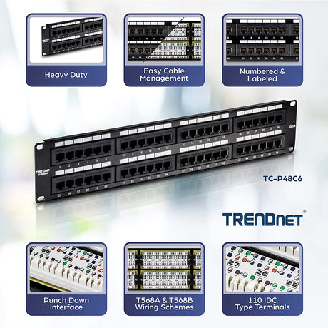 TRENDnet 48-Port Cat6 Unshielded Patch Panel, Wallmount or Rackmount, Compatible with Cat3,4,5,5e,6 Cabling, for Ethernet, Fast Ethernet, Gigabit Applications, Black, TC-P48C6 48 Port
