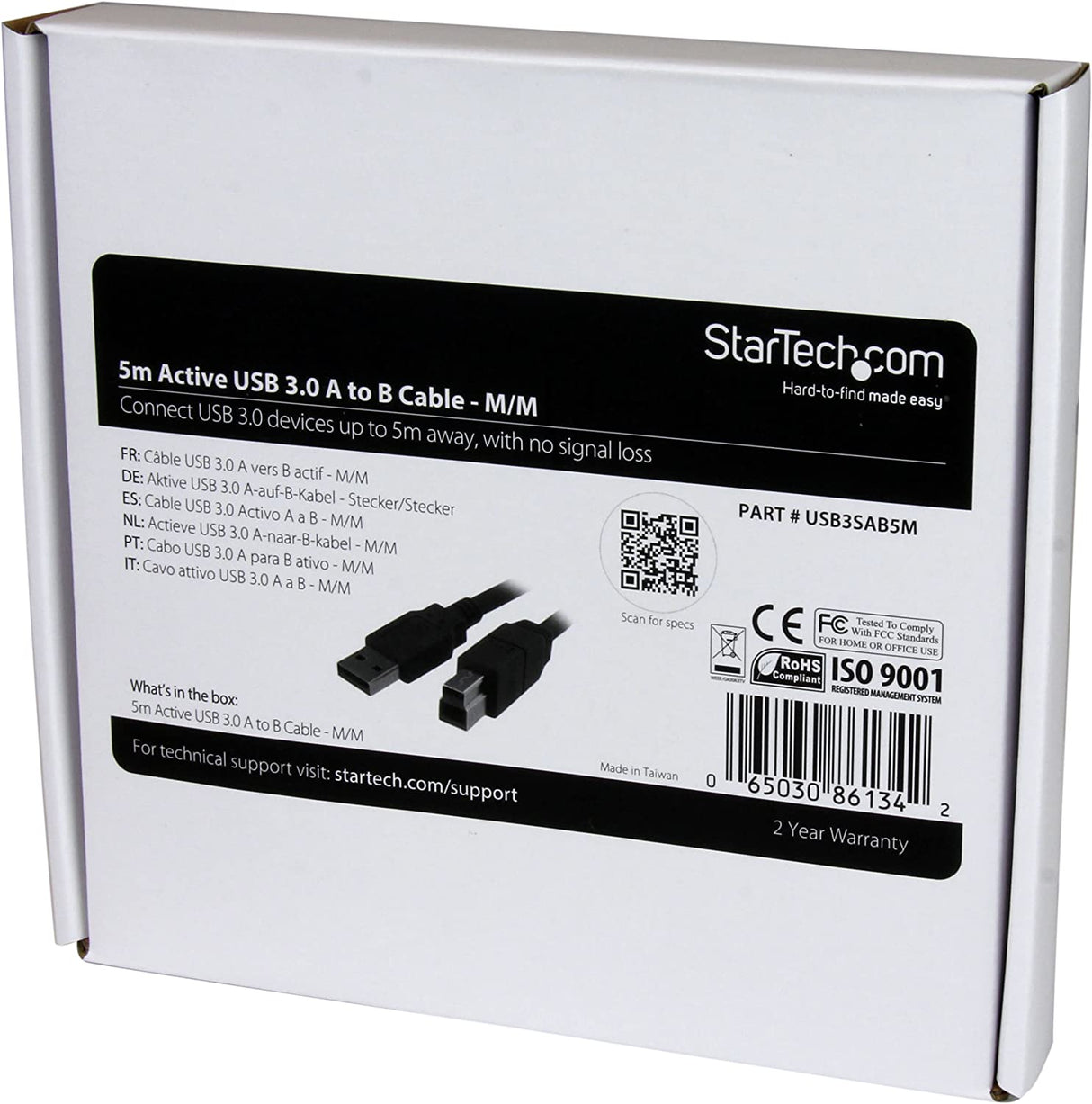 StarTech.com 5m 15 ft Active USB 3.0 USB-A to USB-B Cable - M/M - USB A to B Cable - USB 3.1 Gen 1 (5 Gbps) (USB3SAB5M) , Black