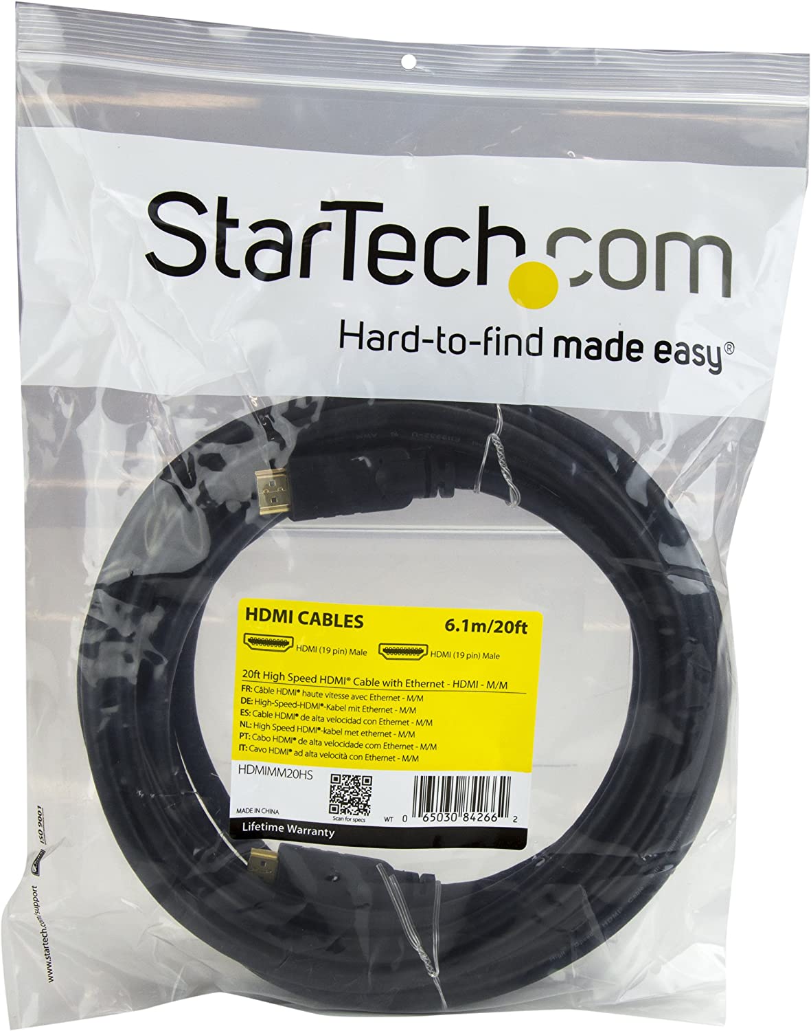 StarTech.com 20ft HDMI Cable - 4K High Speed HDMI Cable with Ethernet - 4K 30Hz UHD HDMI Cord - 10.2 Gbps Bandwidth - HDMI 1.4 Video / Display Cable M/M 28AWG - HDCP 1.4 - Black (HDMIMM15HS) 20 ft / 6m Normal