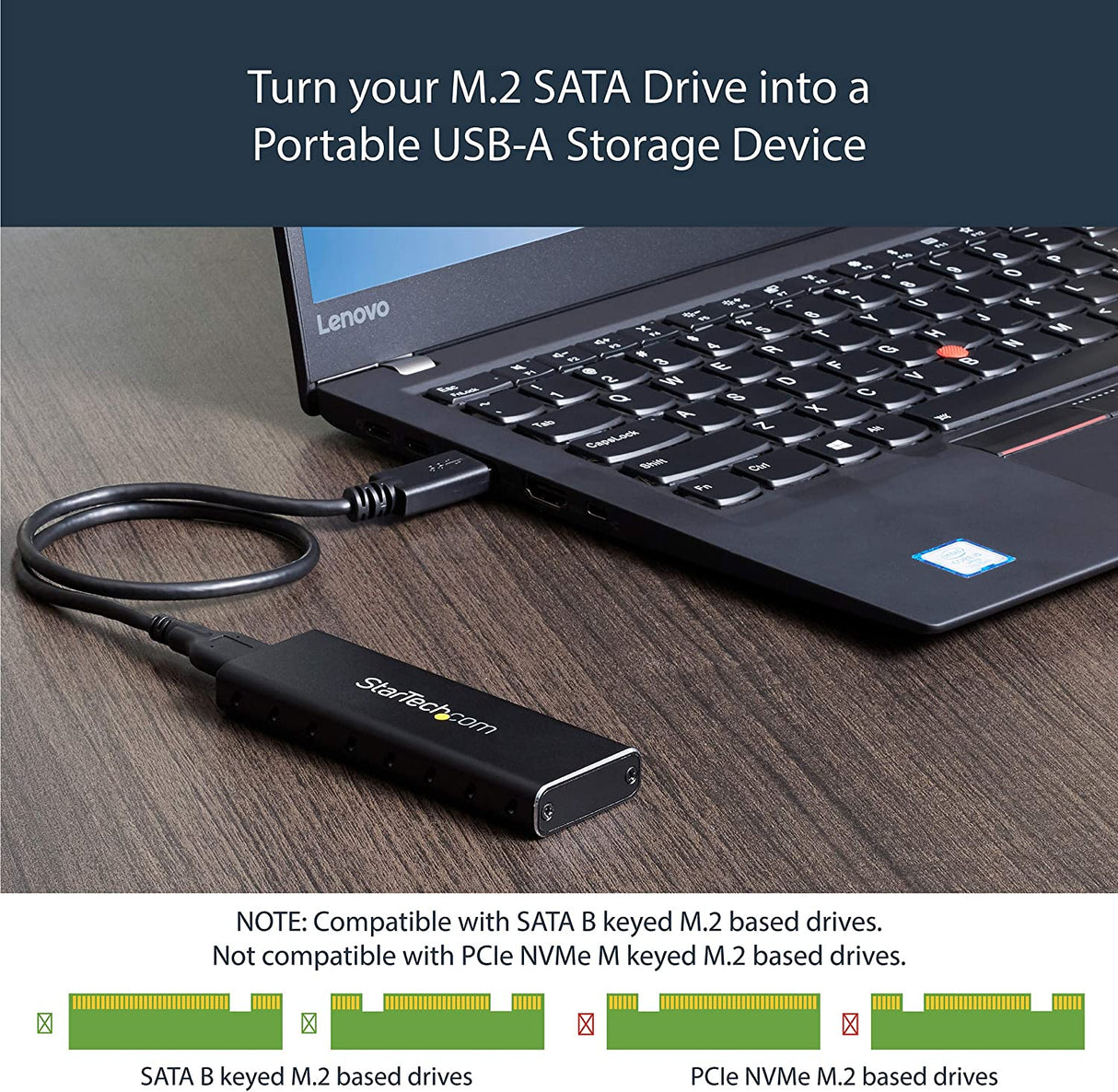 StarTech.com M.2 SSD Aluminum Enclosure to USB 3.0 (5Gbps) with UASP - M.2 NGFF SATA with B Key & B+M Key - External M.2 Portable Enclosure (SM2NGFFMBU33), Black USB-A M.2 SATA