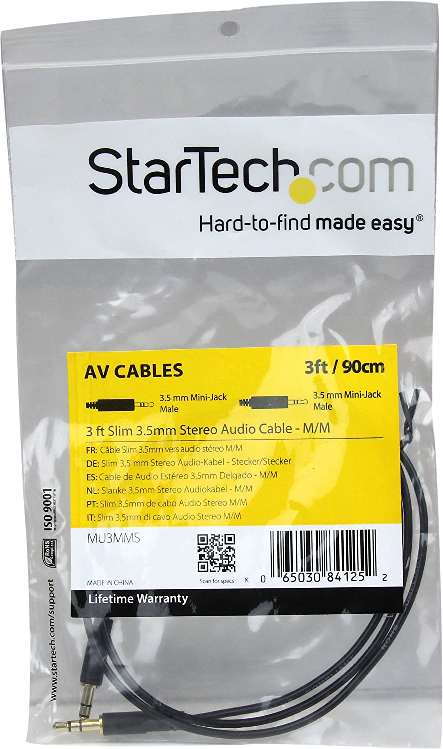 StarTech.com 3.5mm Audio Cable - 3 ft - Slim - M / M - AUX Cable - Male to Male Audio Cable - AUX Cord - Headphone Cable - Auxiliary Cable (MU3MMS), Black