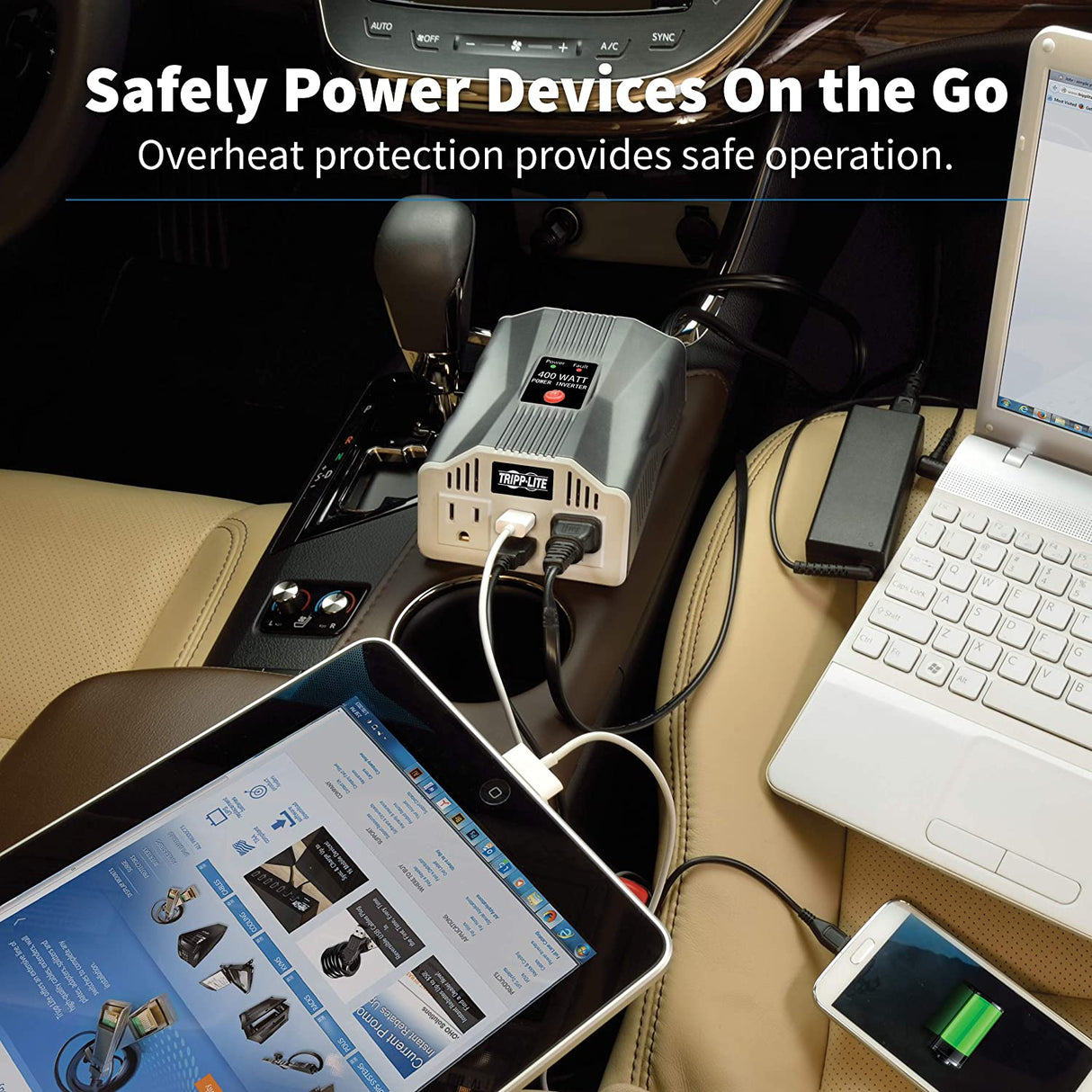 Tripp Lite 400W Car Power Inverter with 2 Outlets & 2 USB Charging Ports, Auto Inverter, Ultra Compact (PV400USB),Gray