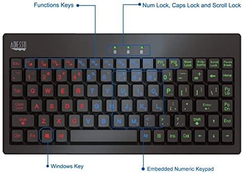 Adesso AKB-110EB - SlimTouch 110 3-Color Illuminated Mini Keyboard, 12 inches, Black - Dealtargets.com