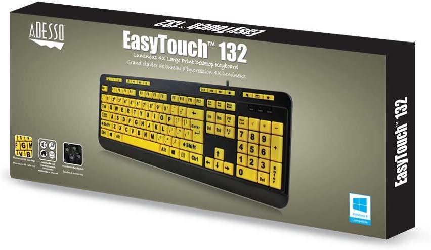 Adesso AKB-132UY - Luminous 4 X Large Print Multimedia Desktop USB Keyboard, Black Yellow - Dealtargets.com