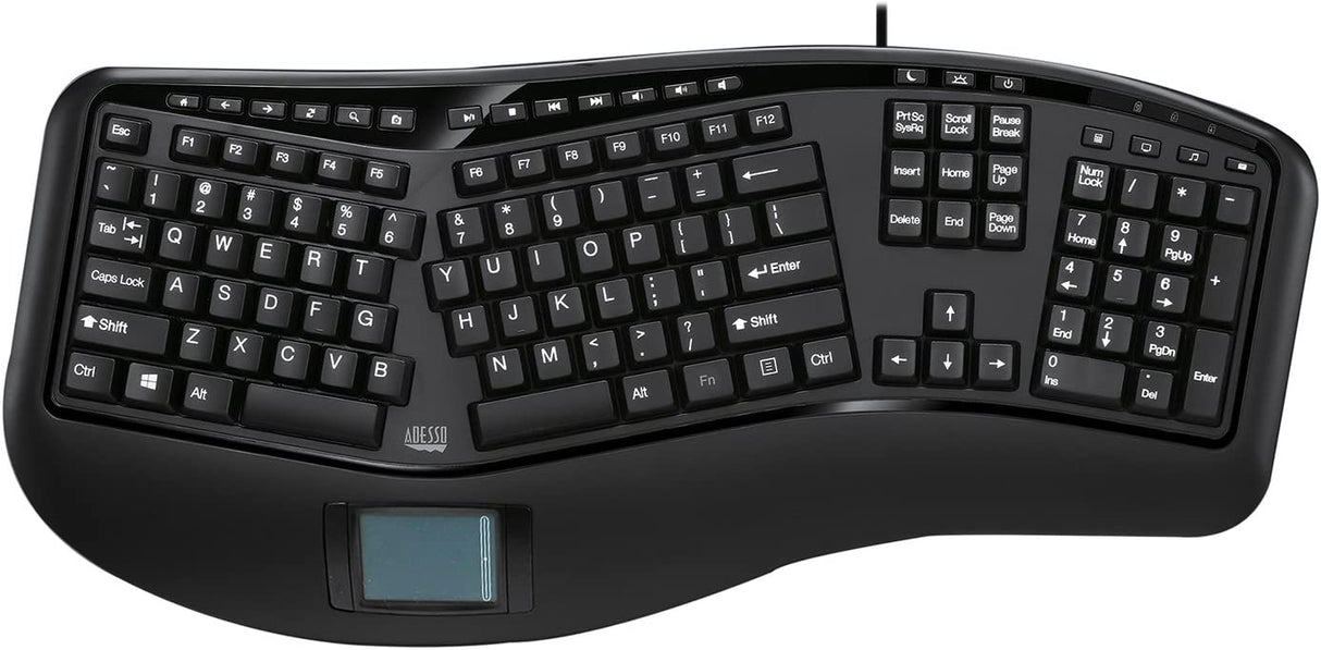 Adesso AKB-450UB - Ergonomic Keyboard with Built-in Touchpad, Wired, Multimedia Hotkeys, Split Keys Design, Built-in Palm Rest for Comfort - Compatible for PC & Windows XP/7/8/10 - Dealtargets.com