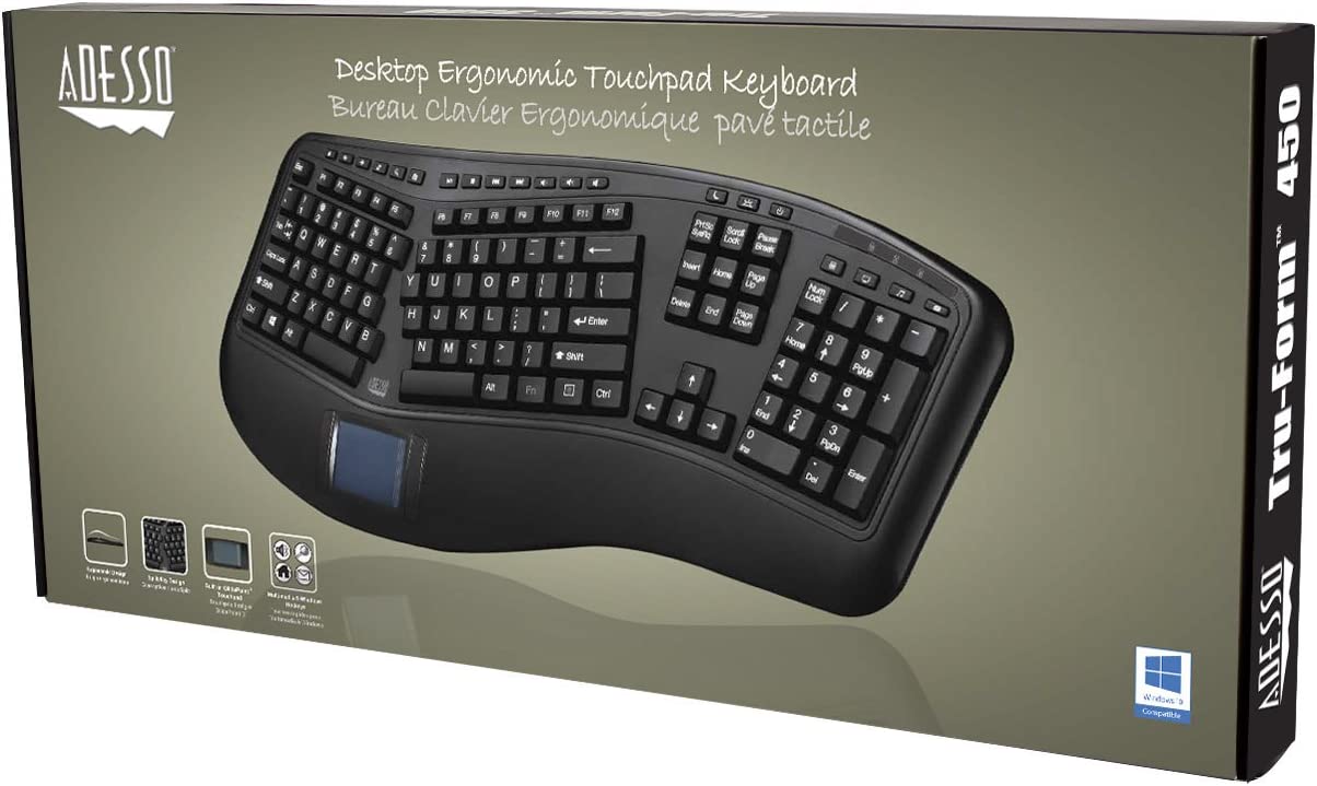 Adesso AKB-450UB - Ergonomic Keyboard with Built-in Touchpad, Wired, Multimedia Hotkeys, Split Keys Design, Built-in Palm Rest for Comfort - Compatible for PC & Windows XP/7/8/10 - Dealtargets.com