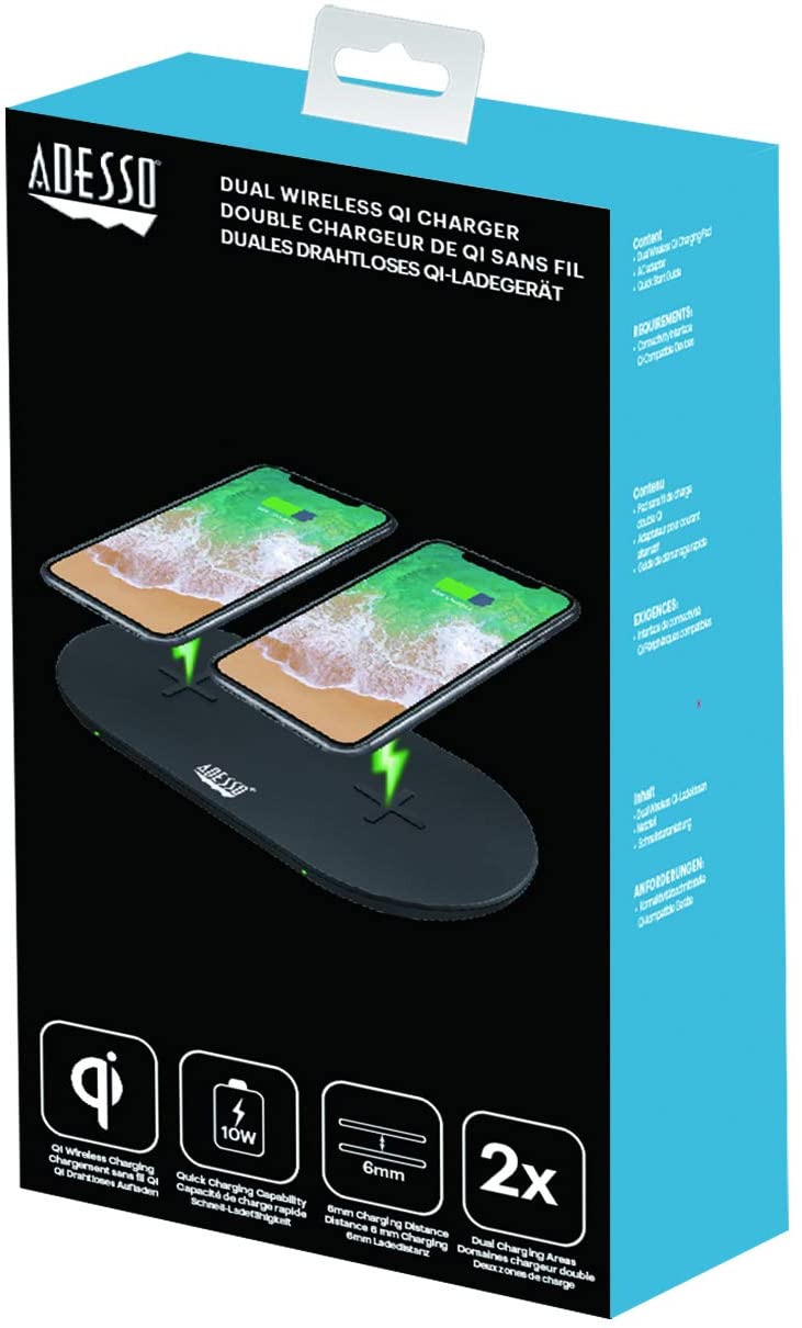 Adesso AUH-1040 15W Max Dual Wireless 2 Coils Qi-Certified Fast Charging Pad - Dealtargets.com