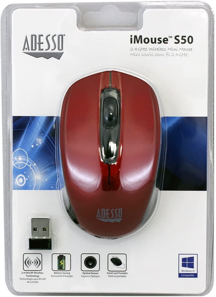 Adesso Ergonomic iMouse S50 - Wireless Optical Mouse (Red) - Dealtargets.com