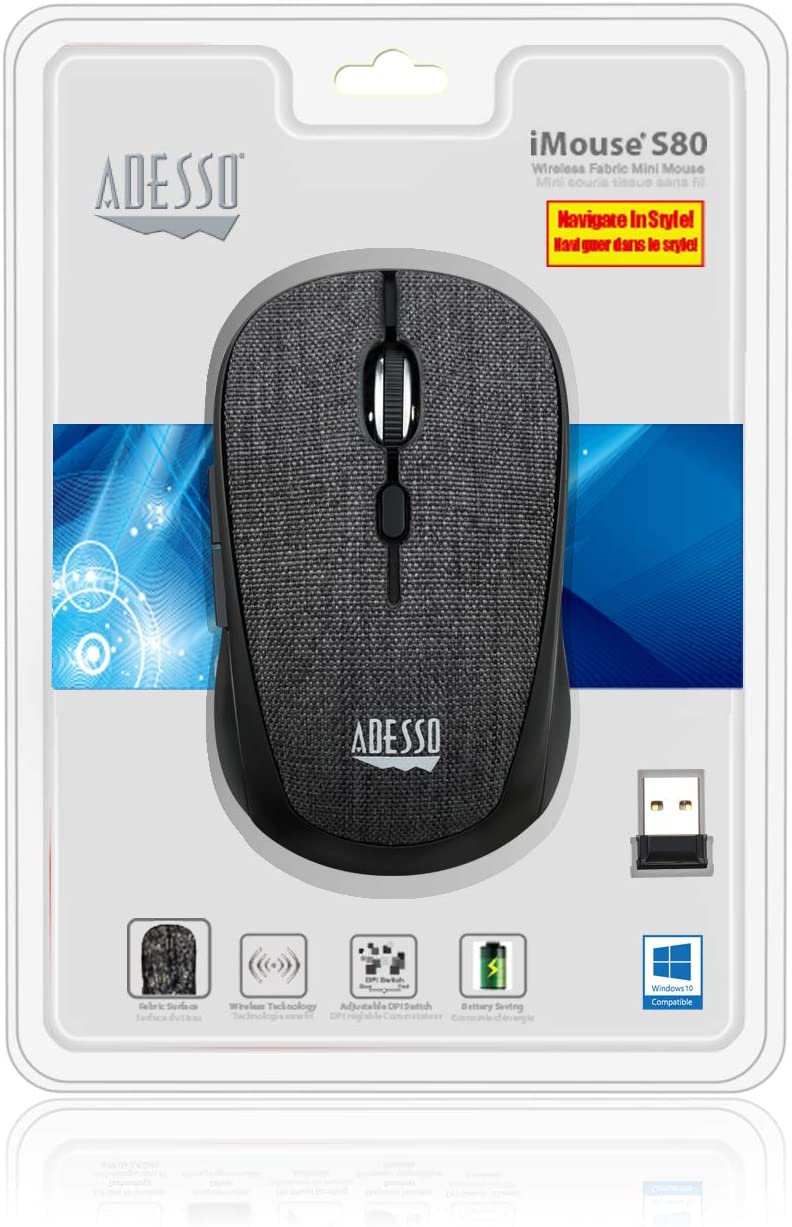 Adesso iMouse S80B 2.4Ghz Fabric Wireless Black Fabric Mini Optical Mouse, 5-Button, Black - Dealtargets.com