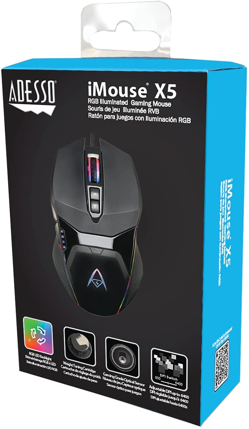 Adesso iMouse X5 RGB Illuminated Gaming Mouse - Optical - Cable - USB - 6400 dpi - Scroll Wheel - 7 Button(s) - Right-Handed Only - Dealtargets.com
