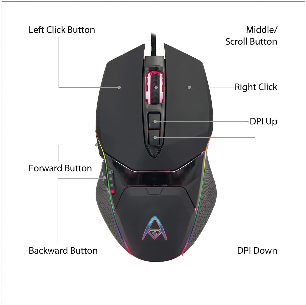 Adesso iMouse X5 RGB Illuminated Gaming Mouse - Optical - Cable - USB - 6400 dpi - Scroll Wheel - 7 Button(s) - Right-Handed Only - Dealtargets.com