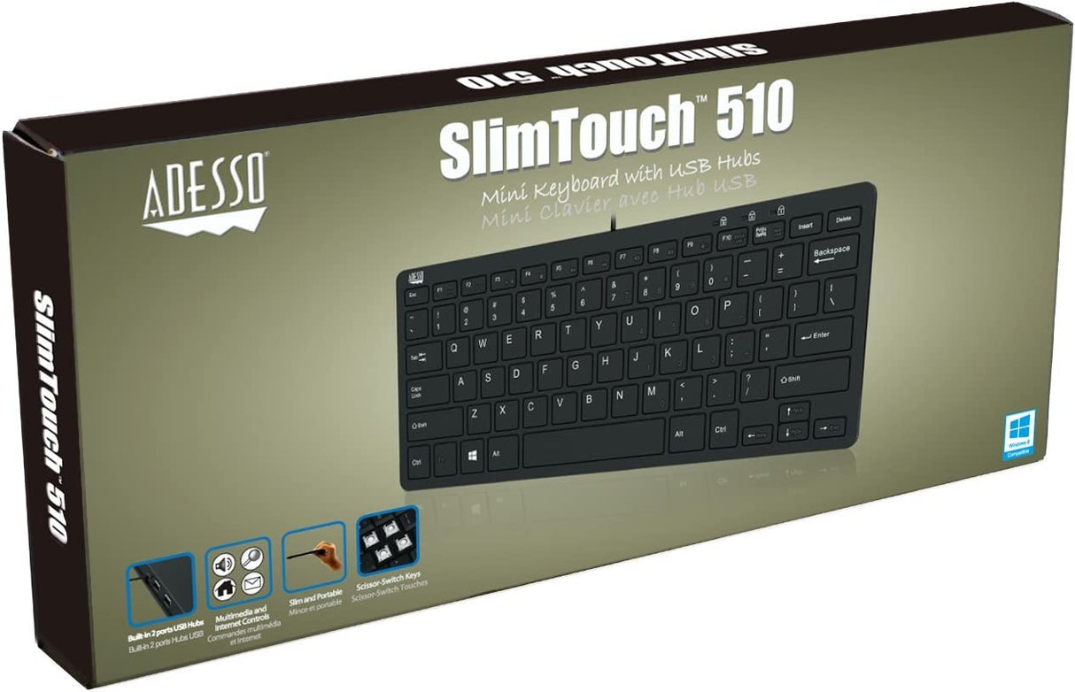 Adesso SlimTouch 510 Mini Keyboard with USB Hubs (AKB-510HB) - Dealtargets.com