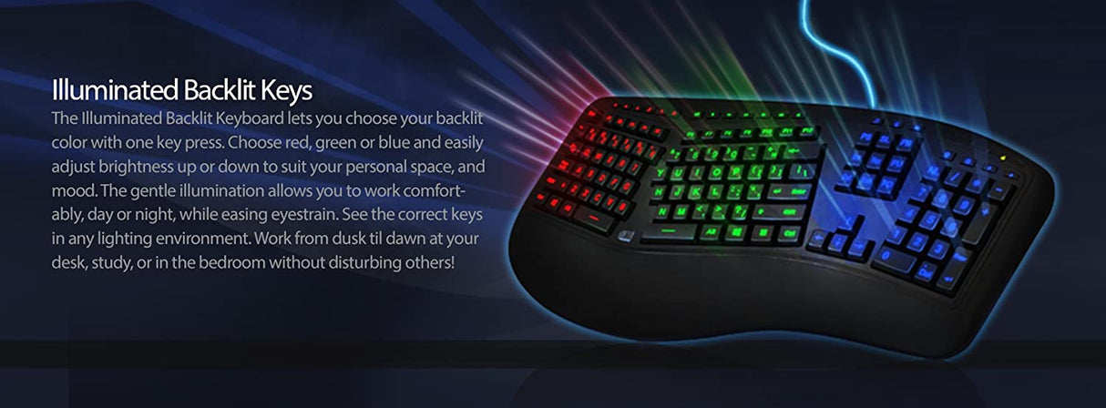 Adesso Tru-Form 150 3-Color Illuminated Ergonomic Keyboard AKB-150EB - Dealtargets.com