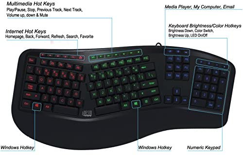 Adesso Tru-Form 150 3-Color Illuminated Ergonomic Keyboard AKB-150EB - Dealtargets.com